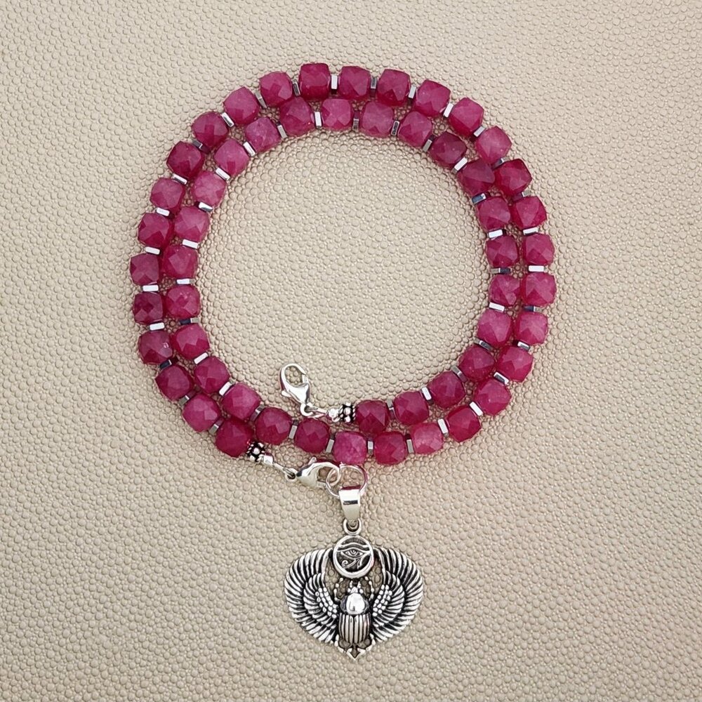 MIDNIGHT DREAMS PINK JADE NECKLACE W/ 925 SCARAB--18"